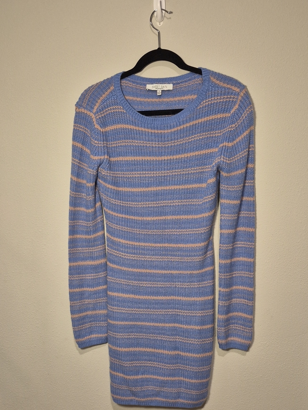 Sweet Rain Blue Pink Striped Knit Sweater Dress Women's Large Cozy Long Sleeve